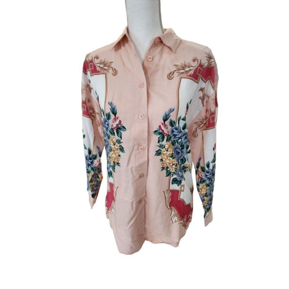 Vintage 80s Krazy Kat Pink Floral Long Sleeve Shirt Button Up Blouse M Baroque